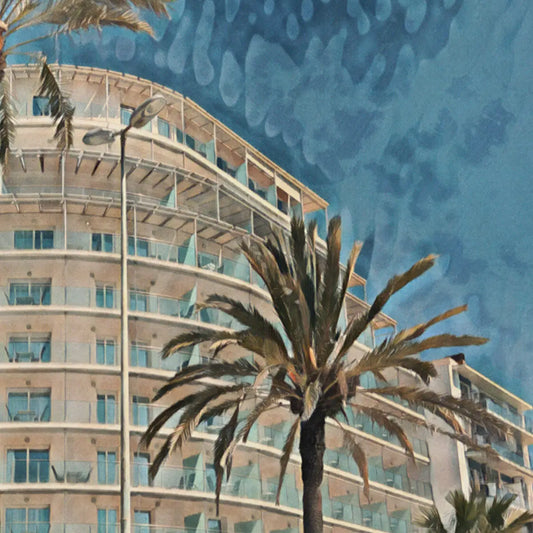 Close-up of Passeig Marítim Poster Sitges showing the Calipolis Hotel facade, palm trees and vintage halftone texture details