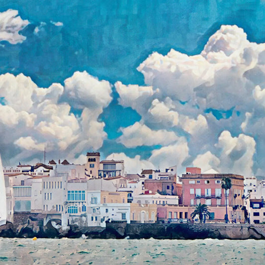Sitges Sailing poster detail showing coastal skyline under dramatic clouds with vintage halftone texture