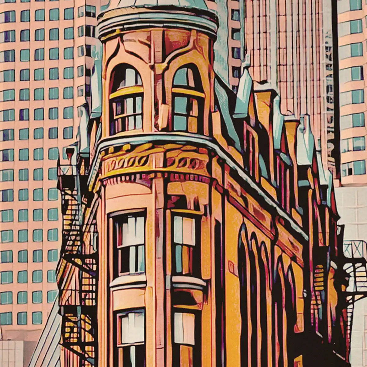 Close-up of Toronto Flatiron Building poster showing halftone texture, layered colours, and vintage print grain