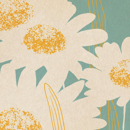 daisy flower poster detail showing white petals and yellow textured center on teal background fine art paper texture