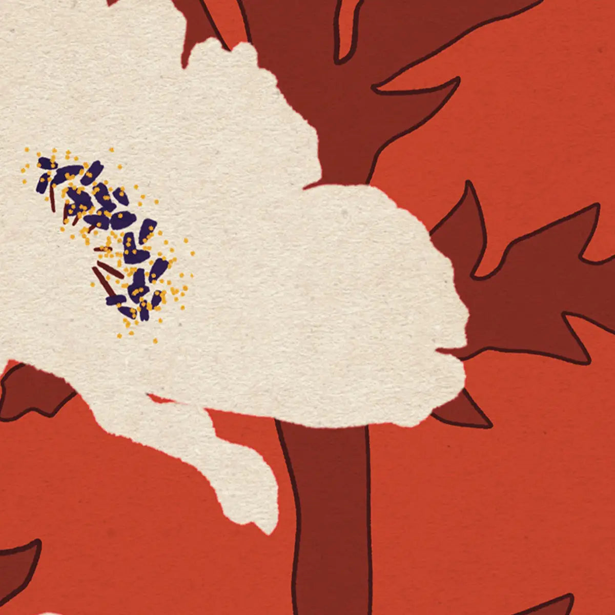 poppy flower poster detail showing white petal silhouette and deep red background with fine art paper texture