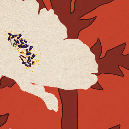 poppy flower poster detail showing white petal silhouette and deep red background with fine art paper texture