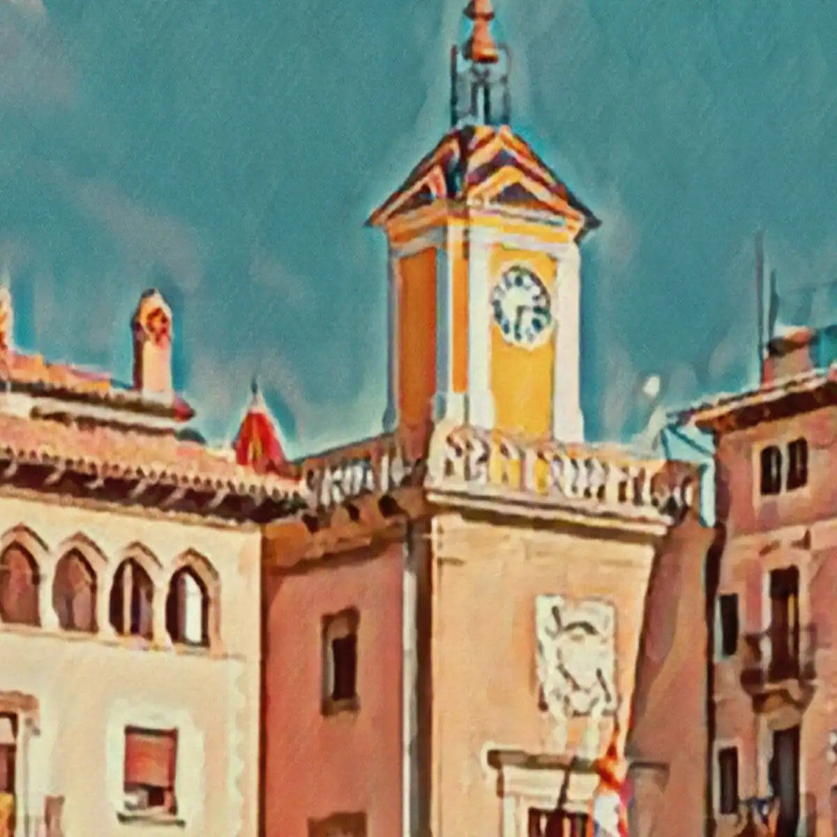 Close-up detail of the Vic Osona poster showing the textured grain and soft vintage rendering inspired by classic travel posters