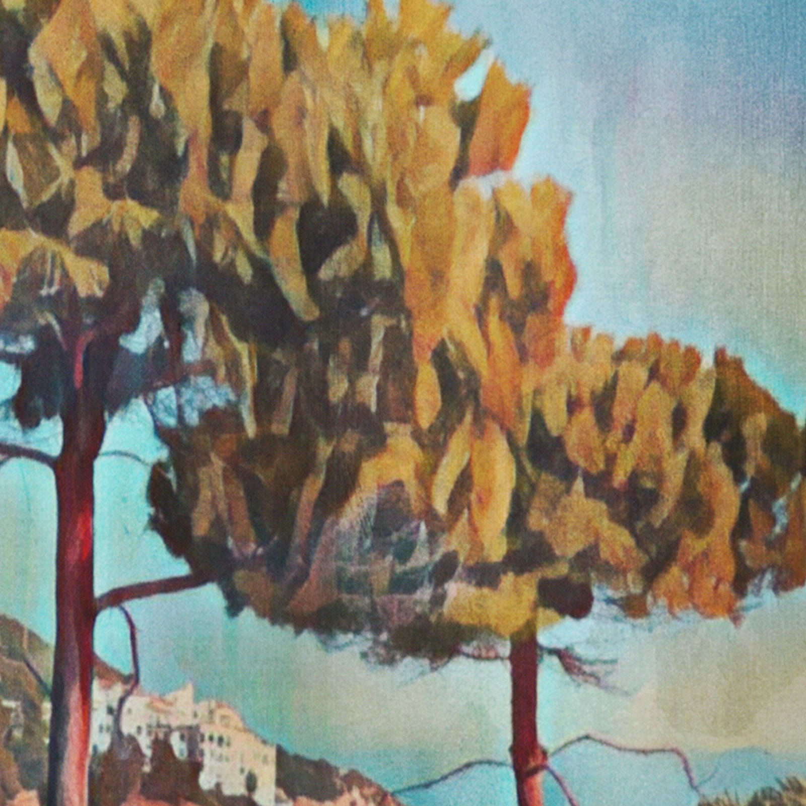 Close-up of Aiguadolç Sitges poster by Alecse showing pine trees and the textured halftone vintage effect.