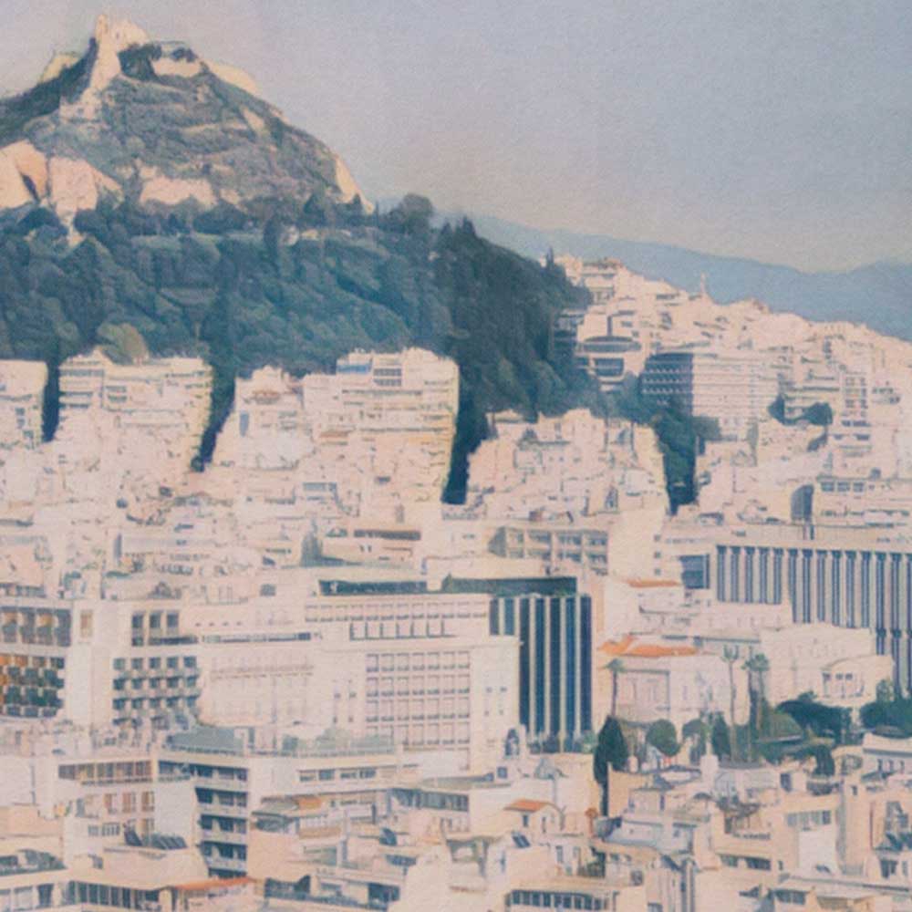 Close-up view of the Athens Greece poster, showing Alecse’s soft-focus details and vintage effect