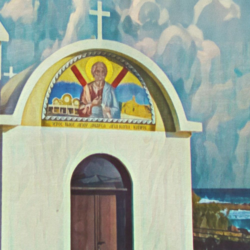 Close-up of the Ayia Thekla Chapel in the travel poster, highlighting its vibrant fresco and Mediterranean backdrop