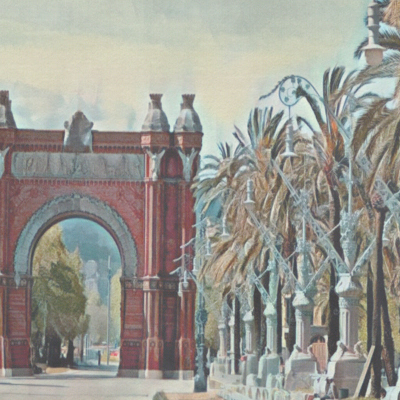 Close-up of Alecse’s Barcelona Arch poster highlighting the red brick arch and surrounding palm trees.