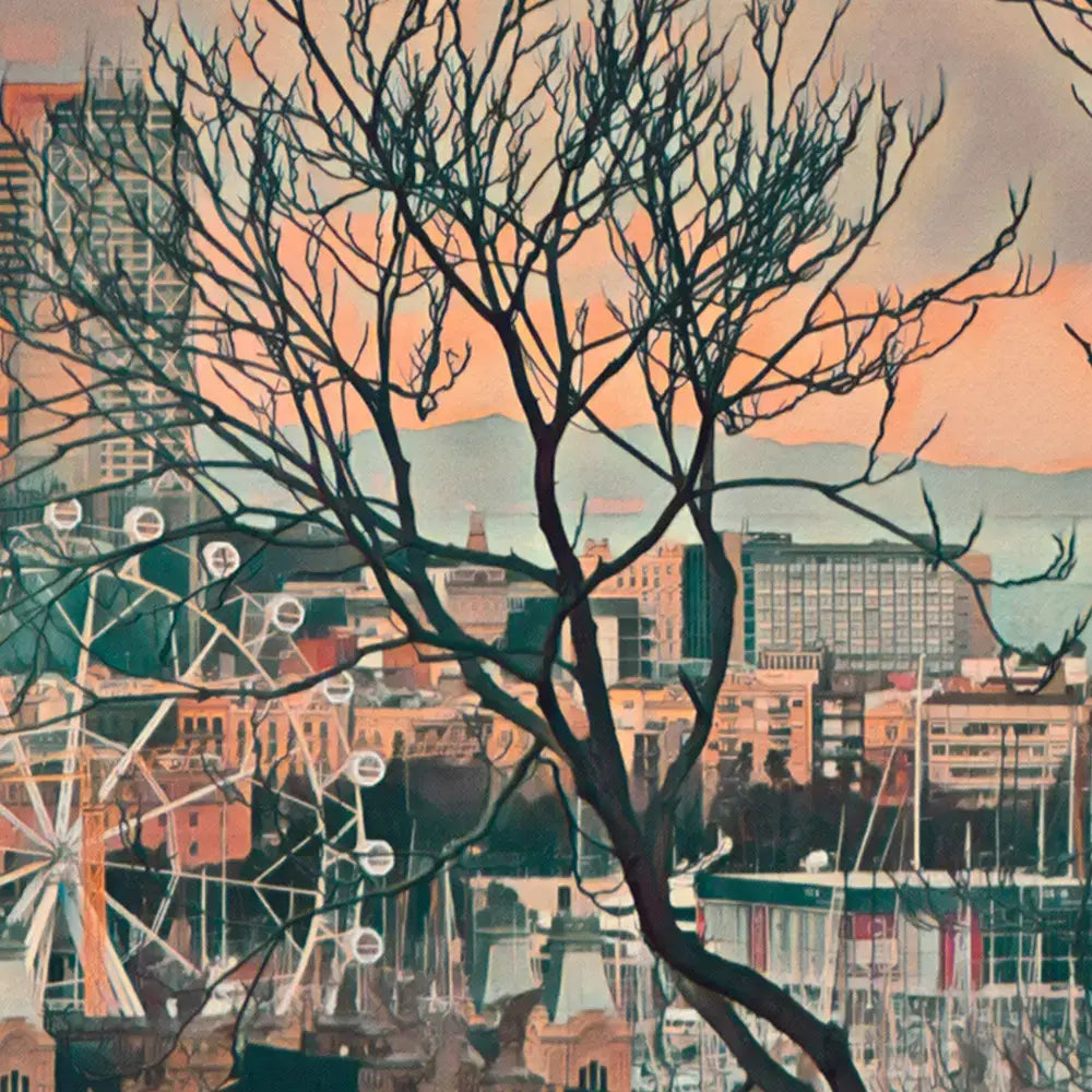 Close-up of Barcelona Winter travel poster by Alecse showing skyline through bare trees