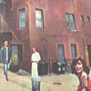 Close-up of the Brooklyn travel poster highlighting Priscilla Presley, Woody Allen and Michael Jordan hidden in the urban scene by artist Alecse