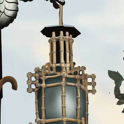 Close-up of the Barcelona Dragon vintage wall art print, highlighting the ornate bamboo lantern and sculpted dragon details
