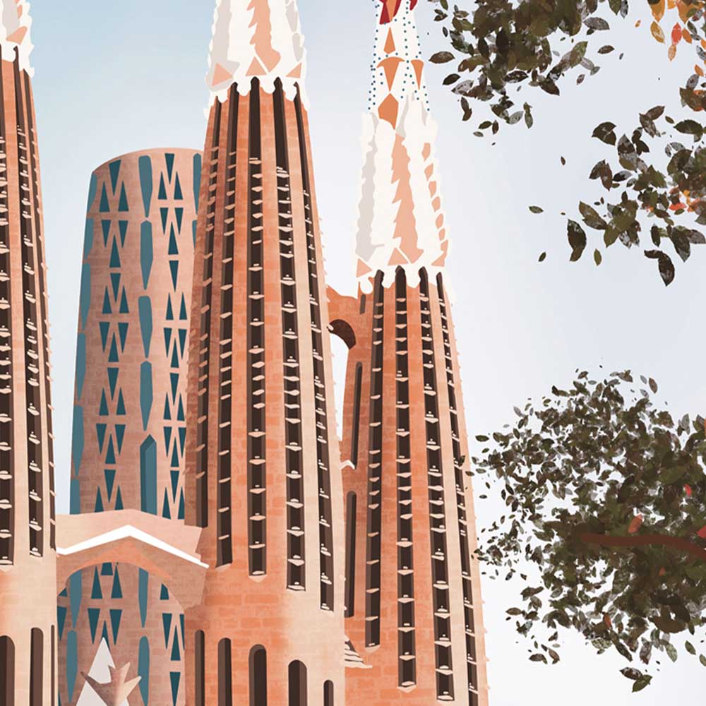 Close-up of Barcelona Sagrada vintage wall art print, highlighting the intricate architectural details and terracotta hues of the Sagrada Família