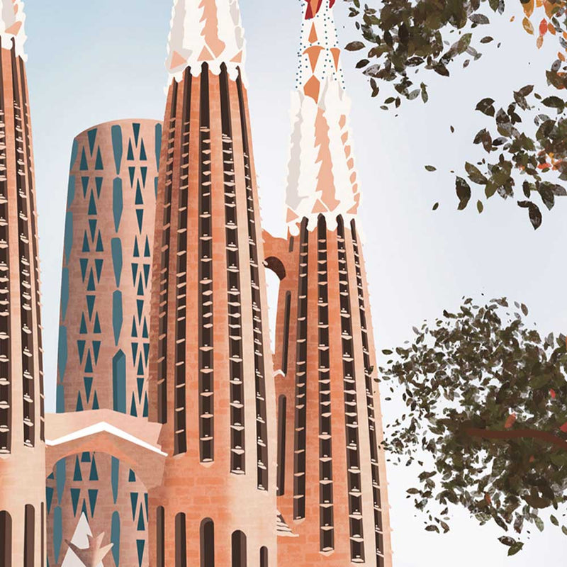 Close-up of Barcelona Sagrada vintage wall art print, highlighting the intricate architectural details and terracotta hues of the Sagrada Família