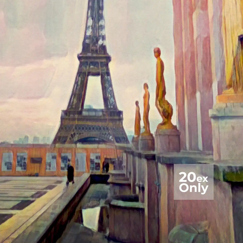 Close-up of Alecse’s Paris poster showing golden statues and vintage halftone texture.