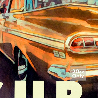 Close-up of Alecse’s Cuba poster showing chrome details of a 1959 Chevrolet.