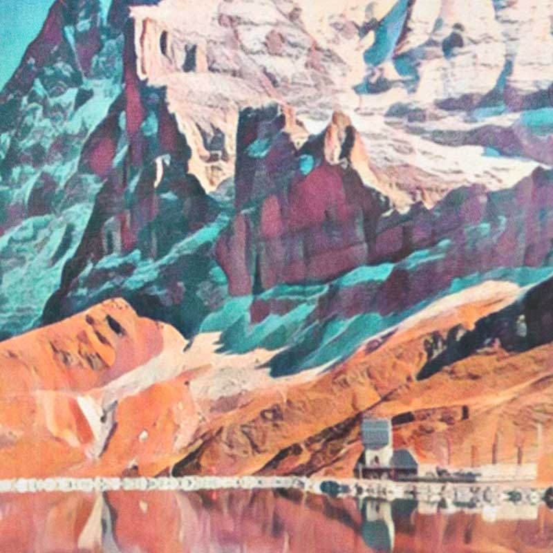 Close-up detail of the Eiger Switzerland poster showing the mountain textures and soft watercolor halftone effect with subtle blur