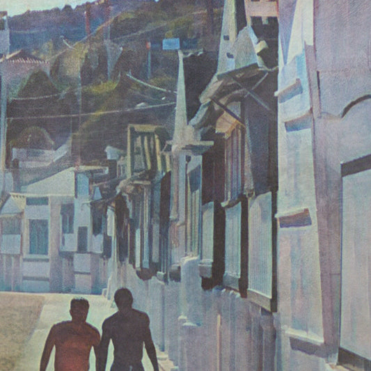 Close-up of Alecse’s Garraf Beach Huts poster showing architectural detail of the cabins in halftone texture.