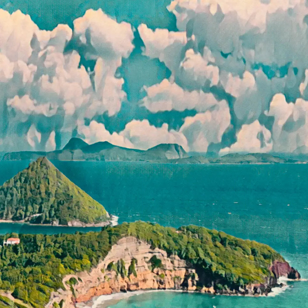 Detail of Alecse's vintage Grenada art print showing clouds and ocean horizon
