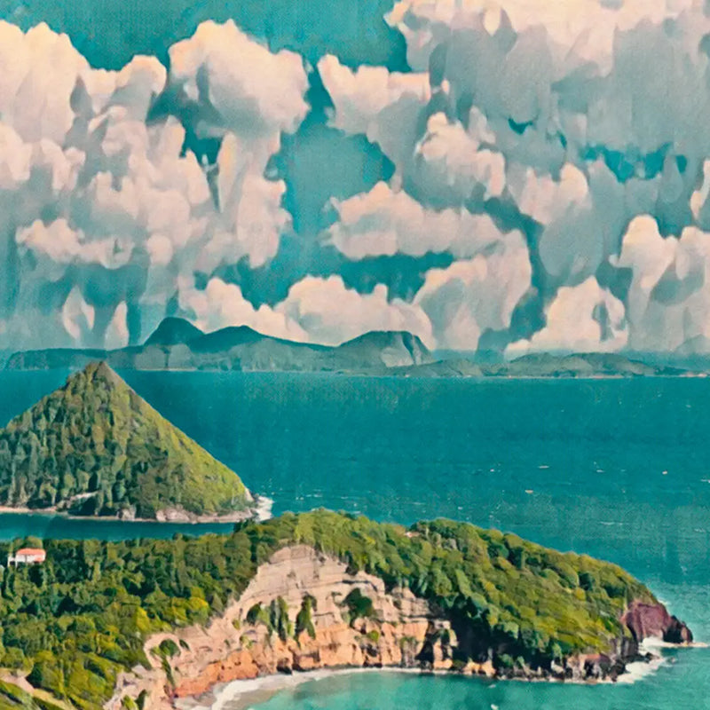 Detail of Alecse's vintage Grenada art print showing clouds and ocean horizon
