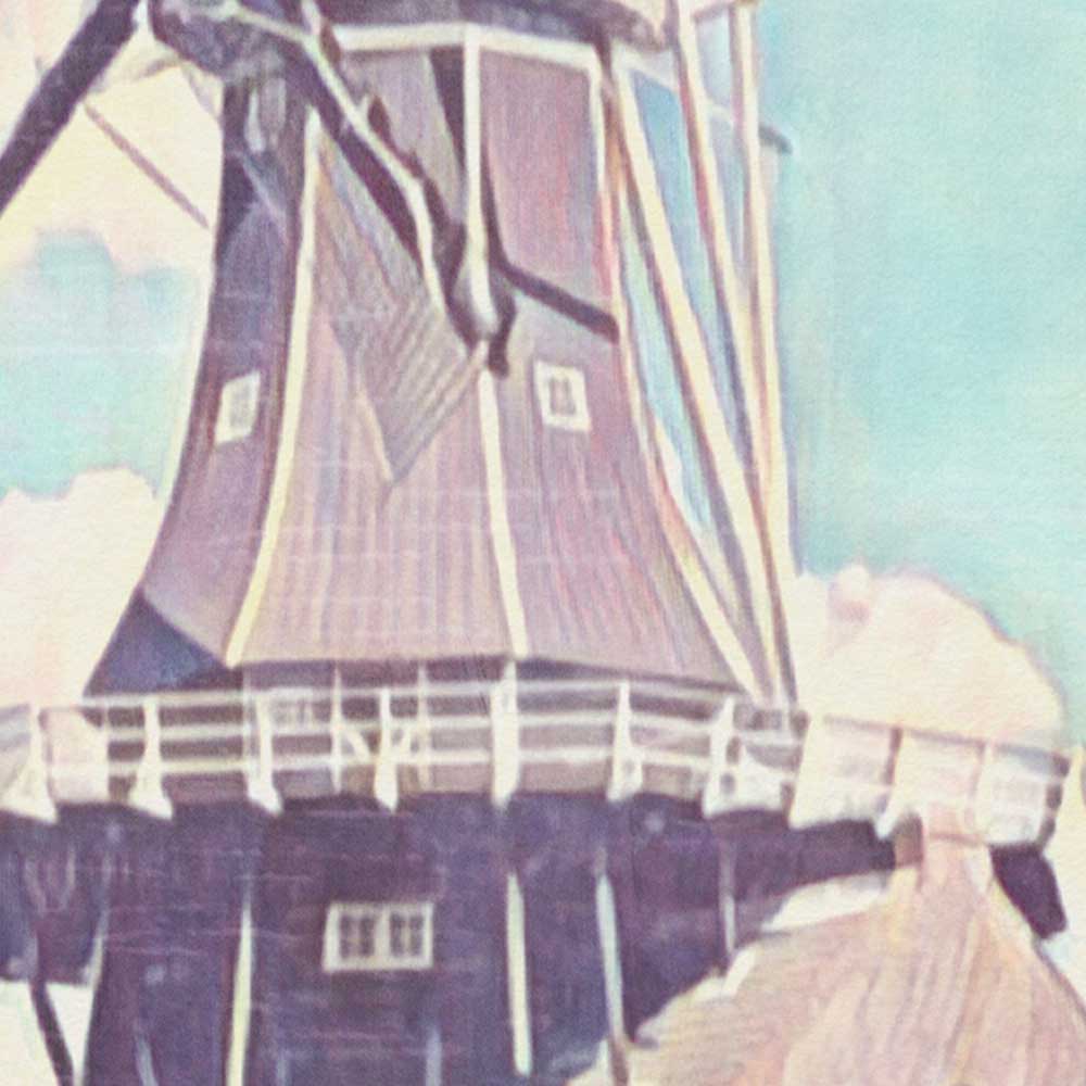 Close-up of Alecse’s travel poster depicting Haarlem's windmill, showcasing his evocative soft focus style