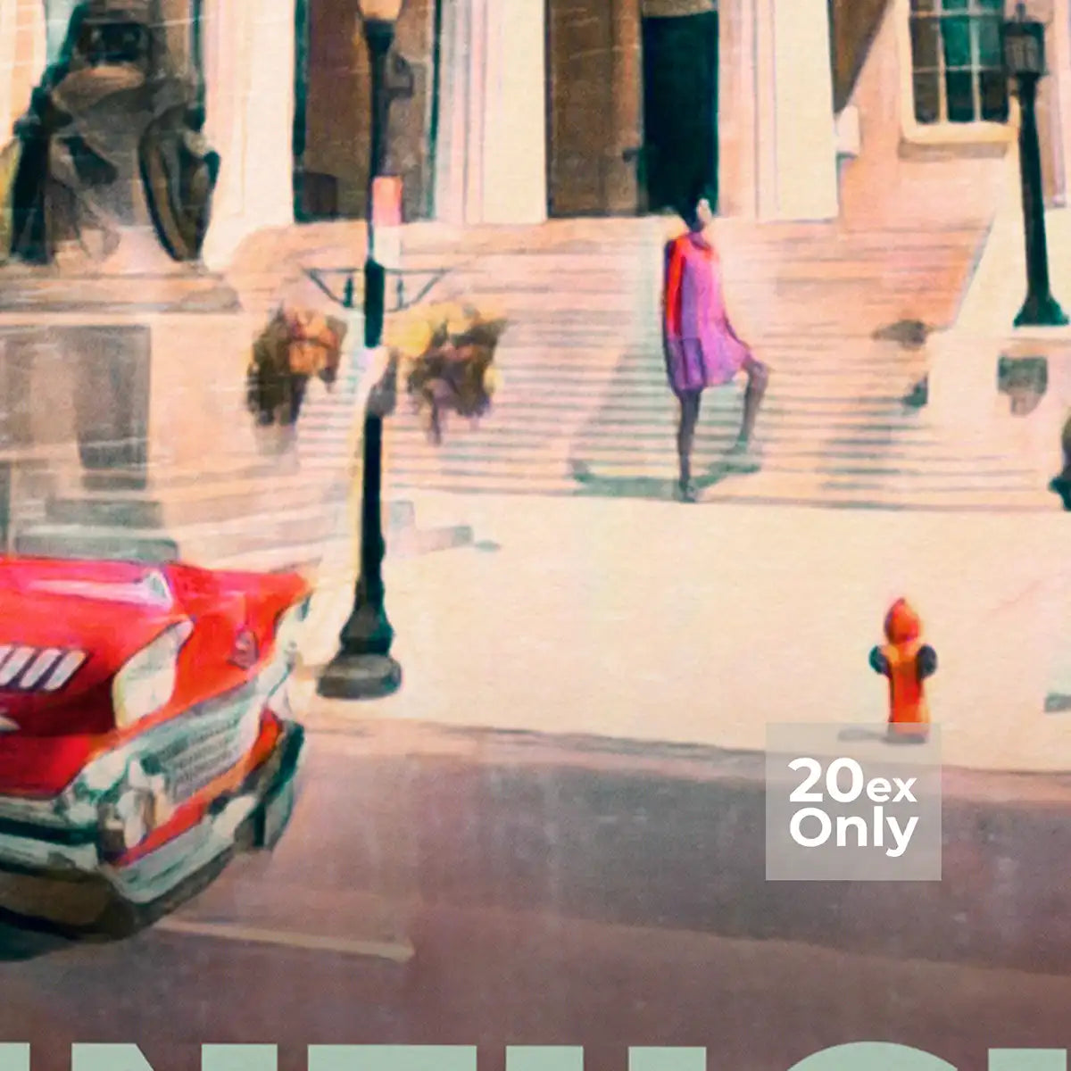 Detail of pedestrians in bright retro clothing near courthouse.