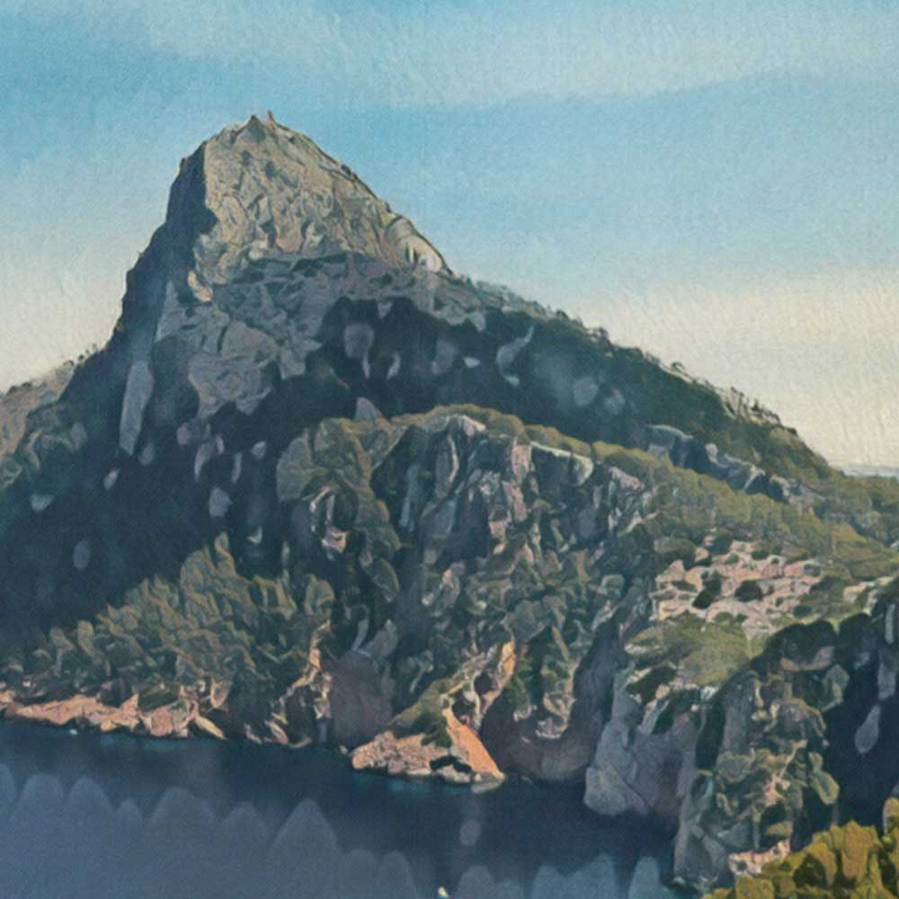 Close-up view of the Formentor, Mallorca poster, showcasing Alecse’s soft-focus technique and retro-inspired details