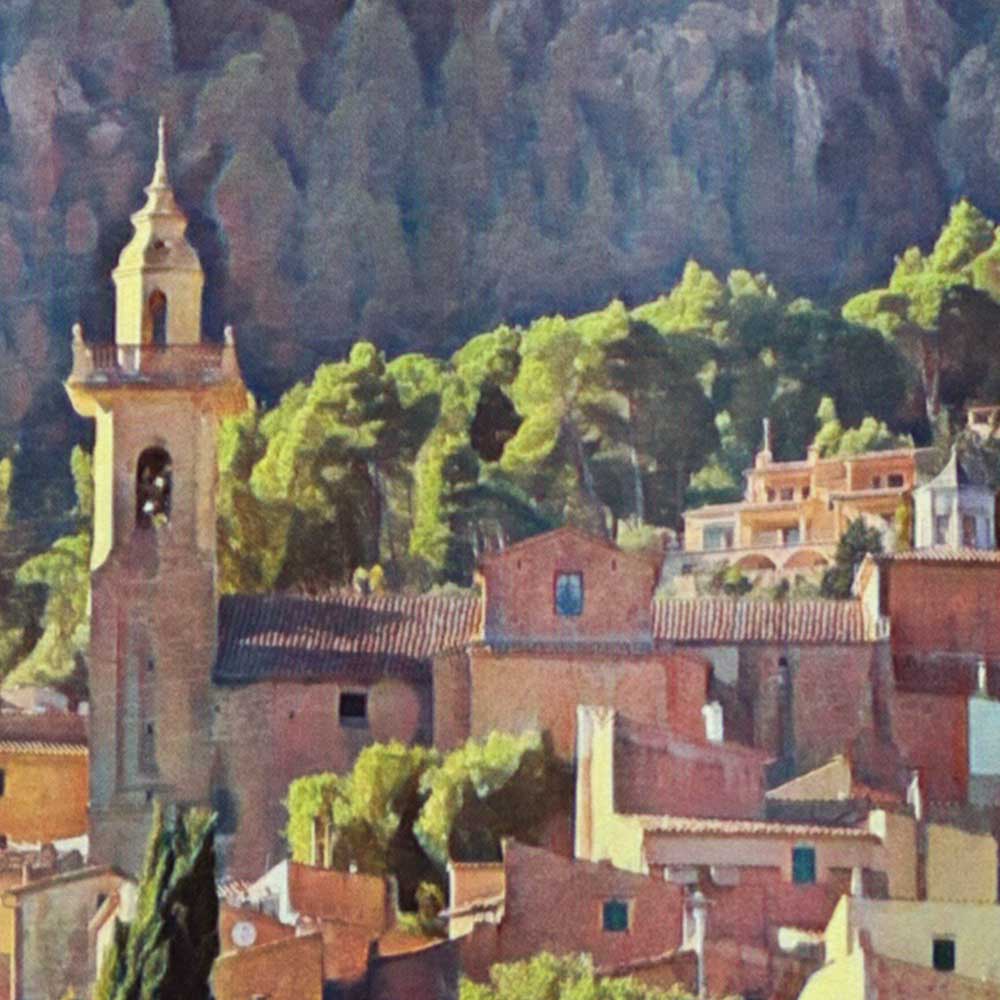 Close-up view of the Valldemossa Mallorca poster, showcasing Alecse’s soft-focus technique and retro-inspired details
