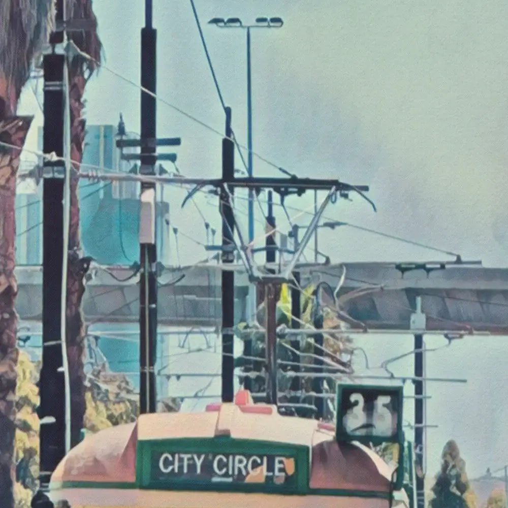 Close-up of Alecse’s Melbourne City Circle tram poster showing halftone vintage print effect and textured finish