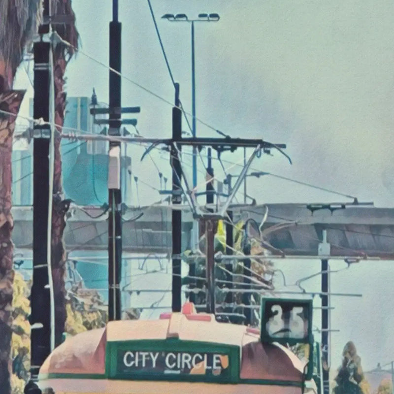 Close-up of Alecse’s Melbourne City Circle tram poster showing halftone vintage print effect and textured finish