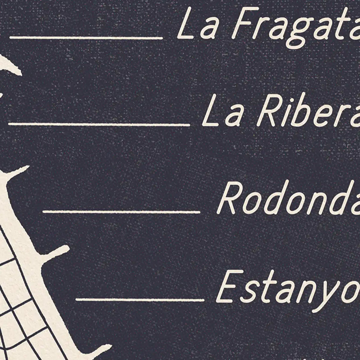 Close-up of the Las Playas de Sitges map poster showing the minimalist coastline design, beach names and premium printing detail.