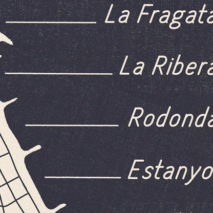 Close-up of the Las Playas de Sitges map poster showing the minimalist coastline design, beach names and premium printing detail.