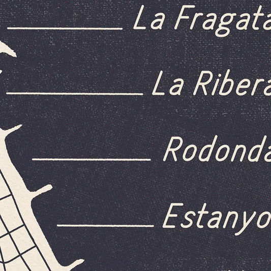 Close-up of the Las Playas de Sitges map poster showing the minimalist coastline design, beach names and premium printing detail.