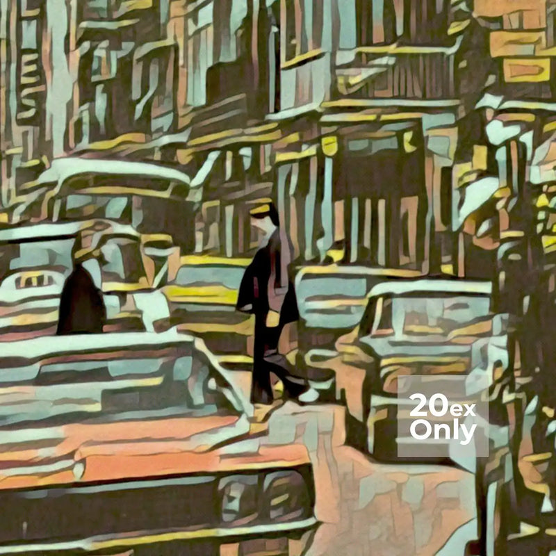 Close-up of Bourbon Street details with retro cars and pedestrians in Alecse’s poster.