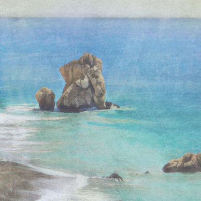 Close-up view of the Petra tou Romiou travel poster, highlighting the soft-focus effect and timeless aesthetic