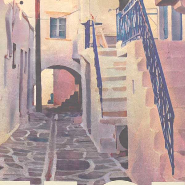 Zoomed detail of Paros Greece travel poster highlighting Alecse's soft-focus art style