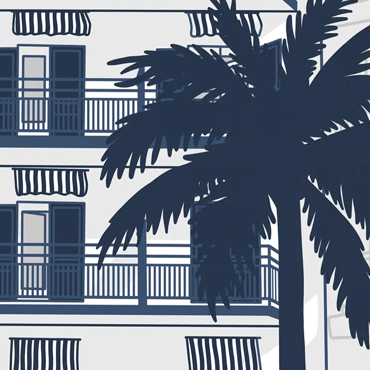Detail of vintage poster showing palm tree silhouette and balconies of Platjador Hotel in Sitges, two-tone navy and off-white with retro striped awnings