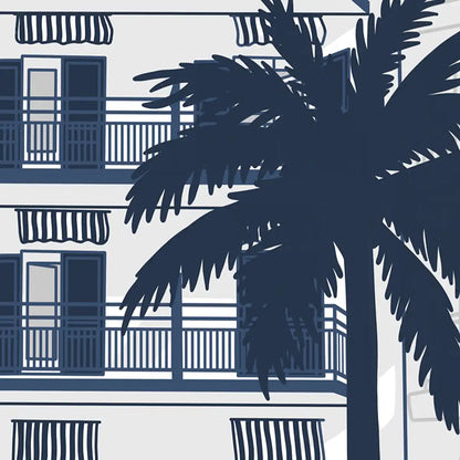 Detail of vintage poster showing palm tree silhouette and balconies of Platjador Hotel in Sitges, two-tone navy and off-white with retro striped awnings