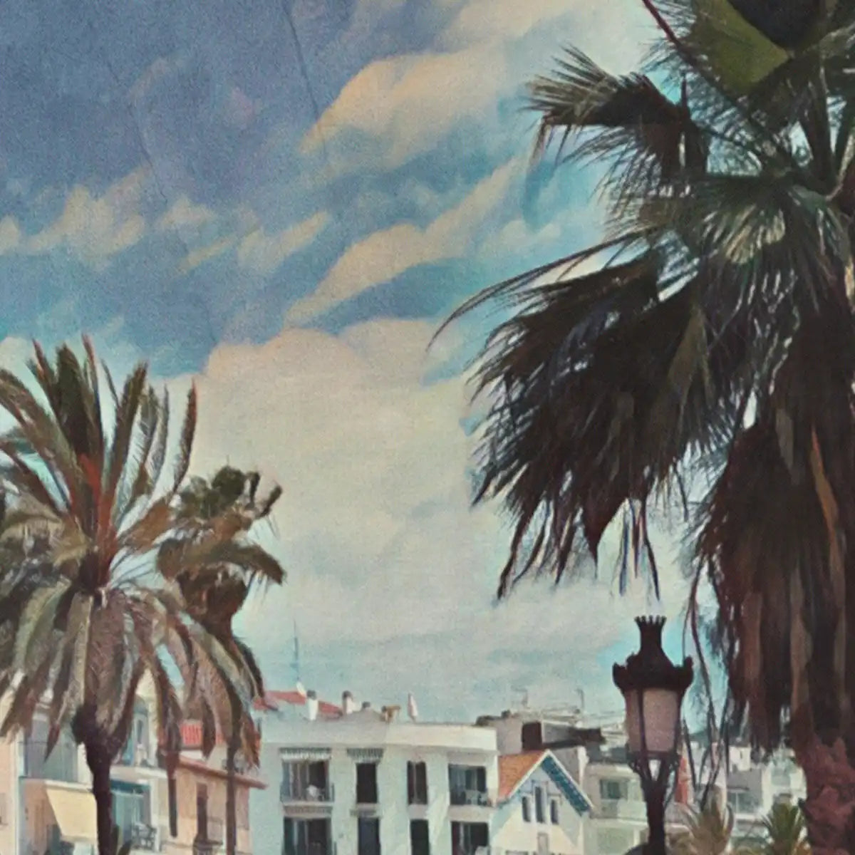 Close-up of Port Alegre Sitges poster by Alecse, featuring palm tree silhouettes and painted Mediterranean sky with visible halftone texture