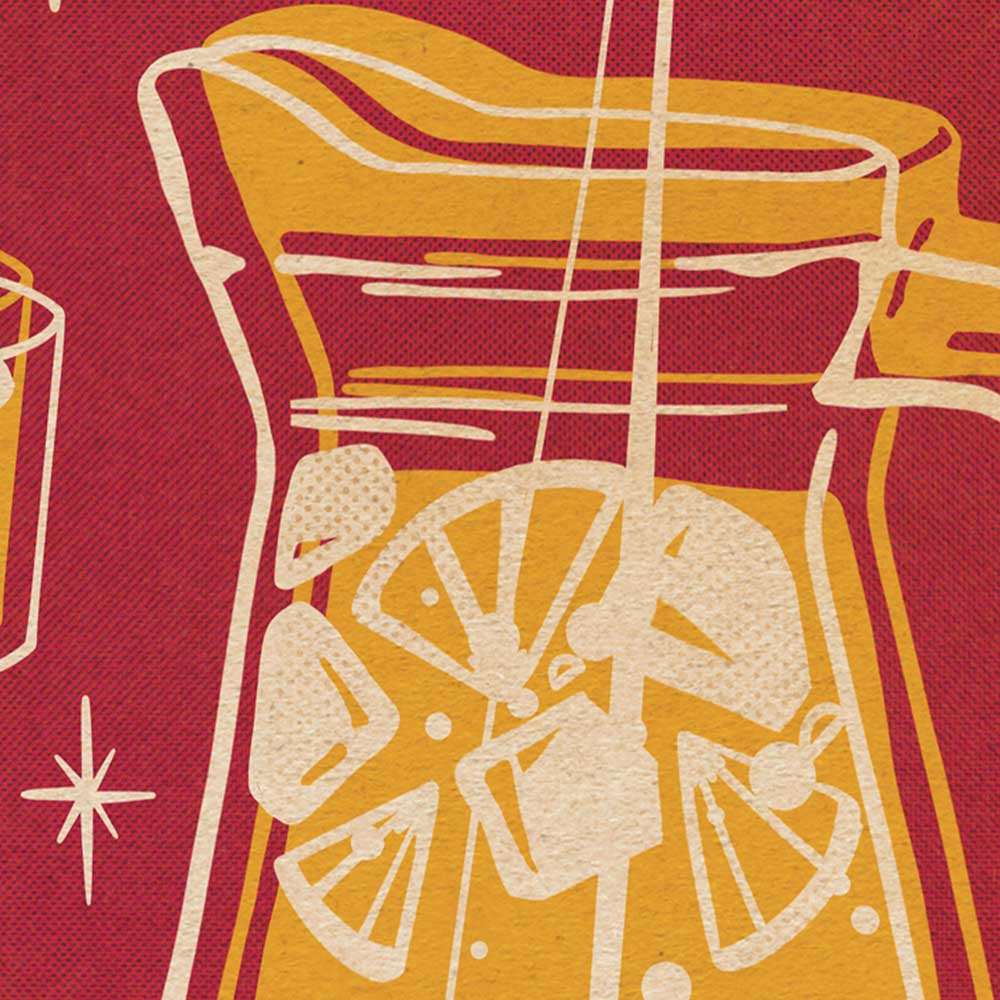 Close-up of Sangria de Vino Blanco Poster – A detailed view of the Sangria de Vino Blanco Poster, highlighting the vibrant fruit slices and pitcher, rendered in a retro style.