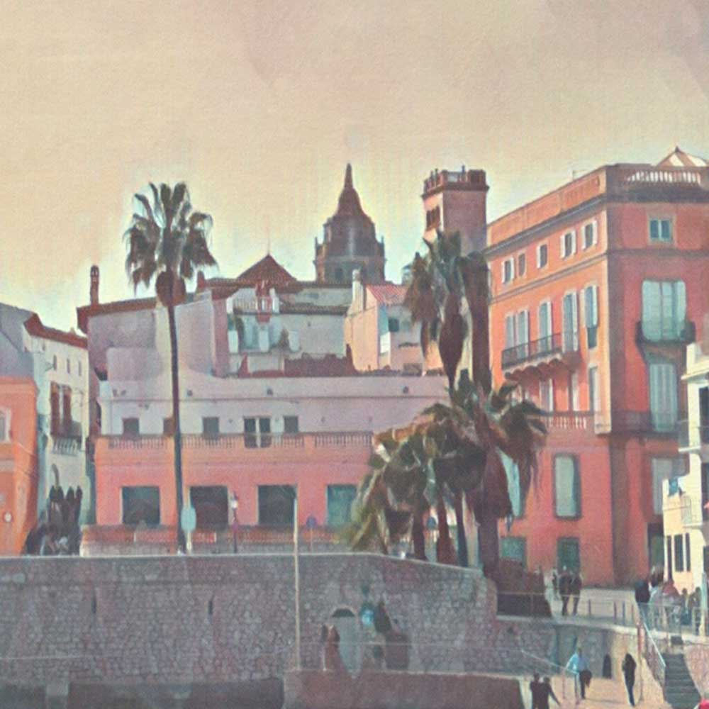 Close-up of Alecse's travel poster showcasing soft focus style and vivid depiction of Sitges, Catalonia
