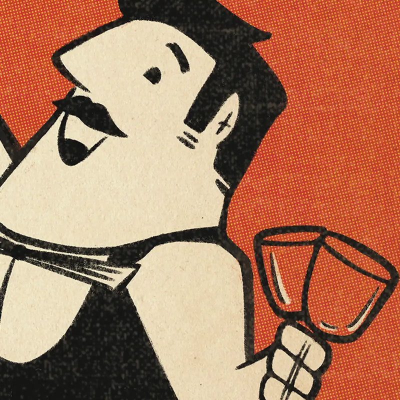 Close-up of the La Cantina Sangrias poster showing the smiling waiter illustration with halftone texture and vintage print effect.