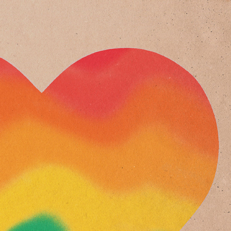Detailed view of the El Corazón poster, highlighting the soft rainbow gradient and textured background.