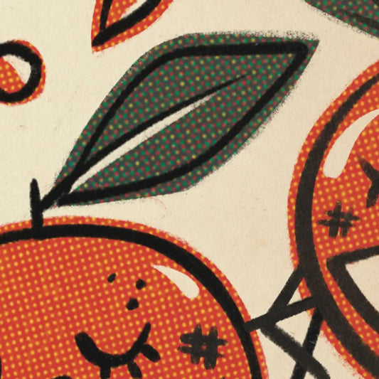 Close-up of Gaseoa Naranja Spanish Capsule poster by Cha showing halftone details of oranges and green leaves