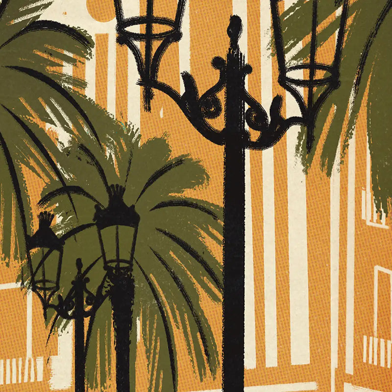 Close-up on palm trees and historic lampposts of Plaça Reial in halftone style