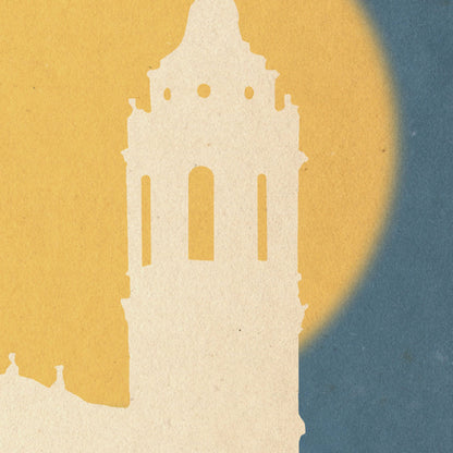 Detailed view of the El Sol poster, showcasing the soft textures, bold silhouette, and rich Mediterranean hues.