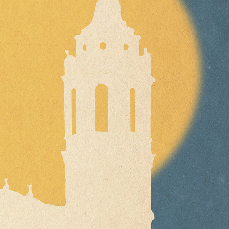 Detailed view of the El Sol poster, showcasing the soft textures, bold silhouette, and rich Mediterranean hues.
