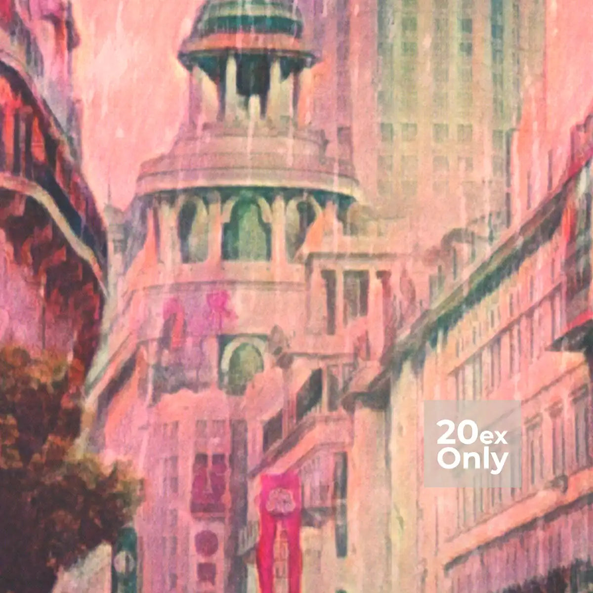 Close-up of the pink and coral tones in Alecse’s Shanghai poster with vintage halftone effect.
