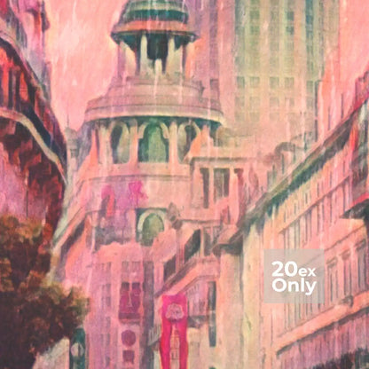 Close-up of the pink and coral tones in Alecse’s Shanghai poster with vintage halftone effect.