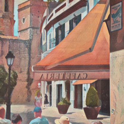 Close-up of the Sitges Café poster showing detailed halftone texture, terrace chairs, and warm Mediterranean lighting on the façades.