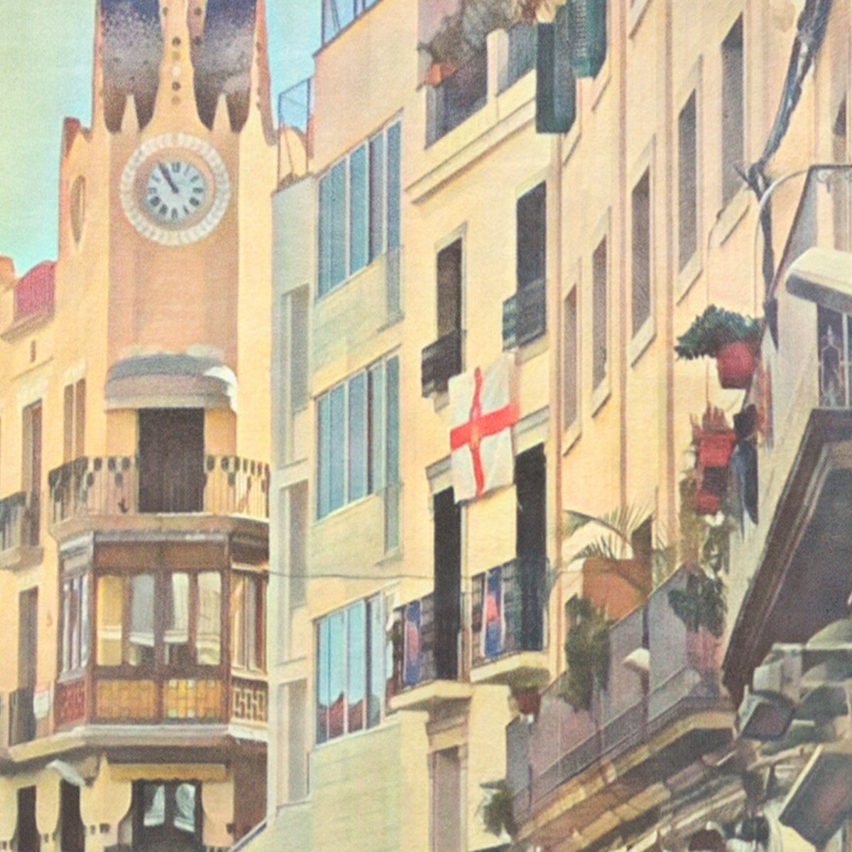 Close-up of Alecse’s Les Parellades Sitges poster showing the clock tower and Mediterranean façades in halftone texture.