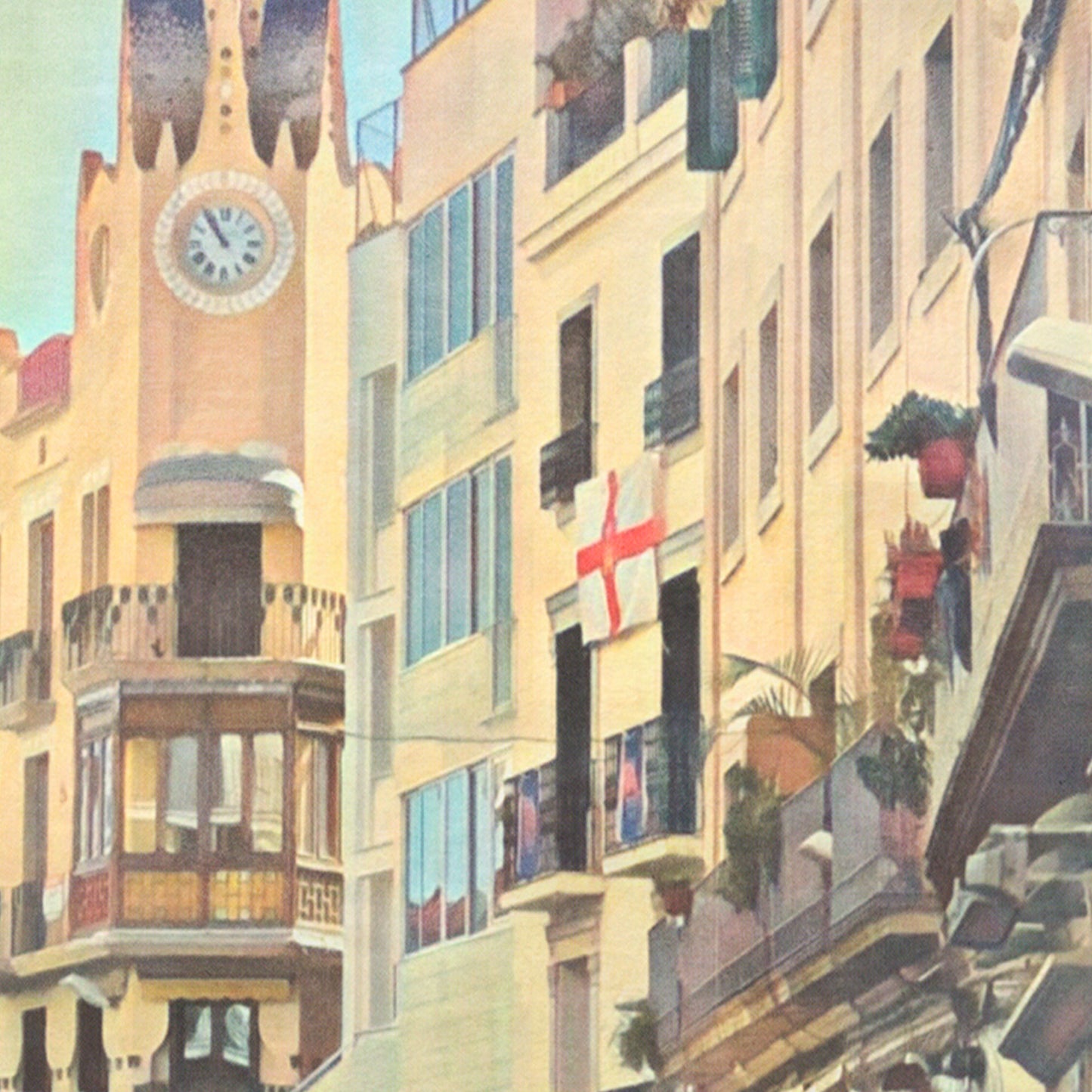 Close-up of Alecse’s Les Parellades Sitges poster showing the clock tower and Mediterranean façades in halftone texture.